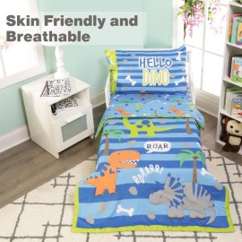 EVERYDAY KIDS 4 Piece Toddler Bedding Set - Roaring Dinosaurs - Includes Comforter, Flat Sheet, Fitted Sheet and Reversible Pillowcase - Boys Toddler Bedding