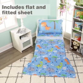 EVERYDAY KIDS 4 Piece Toddler Bedding Set - Roaring Dinosaurs - Includes Comforter, Flat Sheet, Fitted Sheet and Reversible Pillowcase - Boys Toddler Bedding