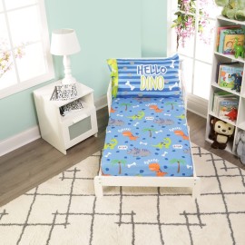 EVERYDAY KIDS 4 Piece Toddler Bedding Set - Roaring Dinosaurs - Includes Comforter, Flat Sheet, Fitted Sheet and Reversible Pillowcase - Boys Toddler Bedding