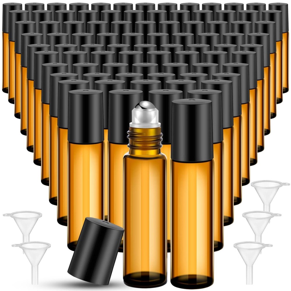 SEEWEY 96 Pcs Essential Oil Roller Bottles 10ml Empty Glass Roller Bottles with Stainless Steel Balls Protection Leakproof with 5 Funnel for Travel Perfume Lip Gloss(Amber)
