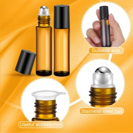 SEEWEY 96 Pcs Essential Oil Roller Bottles 10ml Empty Glass Roller Bottles with Stainless Steel Balls Protection Leakproof with 5 Funnel for Travel Perfume Lip Gloss(Amber)