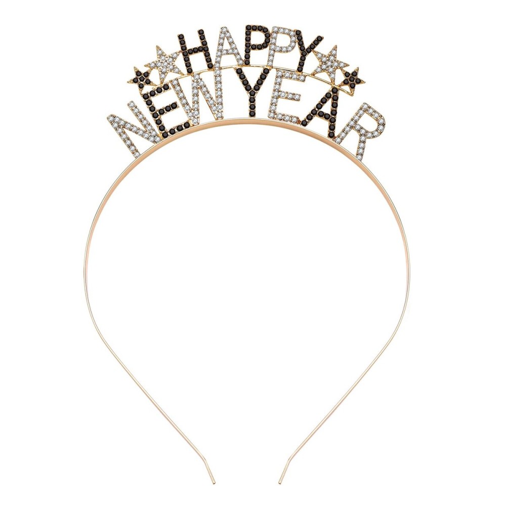 Happy New Year Headbands for Women Rhinestone New Years Eve Hairbands New Year Party Supplies Holiday Hair Accessory Gifts White&black