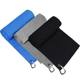 Symypy 3 Pack Golf Towels with Clip, Microfiber Waffle Pattern, Tri-fold 16\'\'x16\'\' (Black/Gray/Blue)