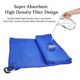 Symypy 3 Pack Golf Towels with Clip, Microfiber Waffle Pattern, Tri-fold 16\'\'x16\'\' (Black/Gray/Blue)