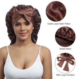 AWAYTR Long Satin Bonnet for Women - Double Layer Elastic Silk Bonnet for Braids Hair Sleeping Cap with Tie Band (Brown)