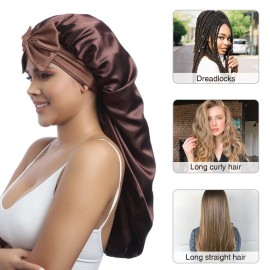 AWAYTR Long Satin Bonnet for Women - Double Layer Elastic Silk Bonnet for Braids Hair Sleeping Cap with Tie Band (Brown)