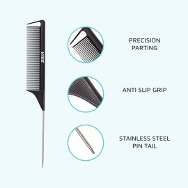 KISS Colors & Care Professional Pin Tail Parting Comb for Sectioning, Teasing, Detangling, Grooming, General Styling - Anti Static & Heat Resistant For All Hair Types Black