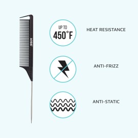 KISS Colors & Care Professional Pin Tail Parting Comb for Sectioning, Teasing, Detangling, Grooming, General Styling - Anti Static & Heat Resistant For All Hair Types Black