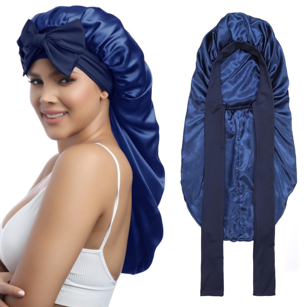 AWAYTR Long Satin Bonnet for Women - Double Layer Elastic Silk Bonnet for Braids Hair Sleeping Cap with Tie Band (Navy Blue)
