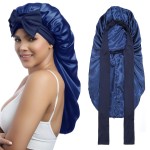 AWAYTR Long Satin Bonnet for Women - Double Layer Elastic Silk Bonnet for Braids Hair Sleeping Cap with Tie Band (Navy Blue)
