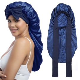 AWAYTR Long Satin Bonnet for Women - Double Layer Elastic Silk Bonnet for Braids Hair Sleeping Cap with Tie Band (Navy Blue)