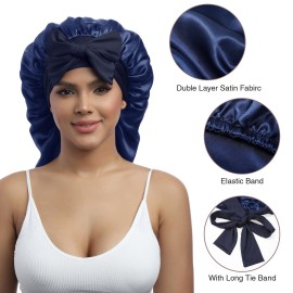 AWAYTR Long Satin Bonnet for Women - Double Layer Elastic Silk Bonnet for Braids Hair Sleeping Cap with Tie Band (Navy Blue)