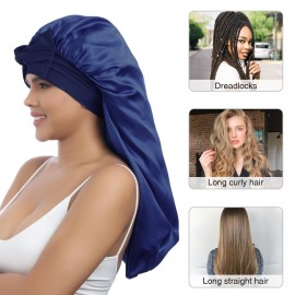 AWAYTR Long Satin Bonnet for Women - Double Layer Elastic Silk Bonnet for Braids Hair Sleeping Cap with Tie Band (Navy Blue)