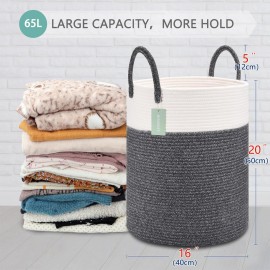 BOSROTY Large Laundry Hamper Basket for Girls Boys Kids 65L, Tall Nursery Hamper with Handles, Woven Blanket Basket for Storage Toys Clothes Towels, 16x 20, White & Black