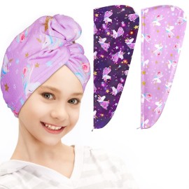 FIOBEE Microfiber Hair Towel Wrap for Kid Rapid Drying Towel Absorbent Hair Turbans for Wet Hair with Button Women Girls Long Curly Hair Pack of 2, Purple FIOBEE Microfiber Hair Towel Wrap for Kid Rapid Drying Towel Absorbent Hair Turbans for Wet Hair with Button Women Girls Long Curly Hair Pack of 2, Purple