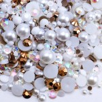 Briskbloom 60g Mix Flatback Pearls and Rhinestones for Crafts, 3620PCS Pearl Rhinestones for Nails Face Art Tumblers, Half Pearls, with Tweezers Wax Pen, Brown White