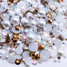 Briskbloom 60g Mix Flatback Pearls and Rhinestones for Crafts, 3620PCS Pearl Rhinestones for Nails Face Art Tumblers, Half Pearls, with Tweezers Wax Pen, Brown White