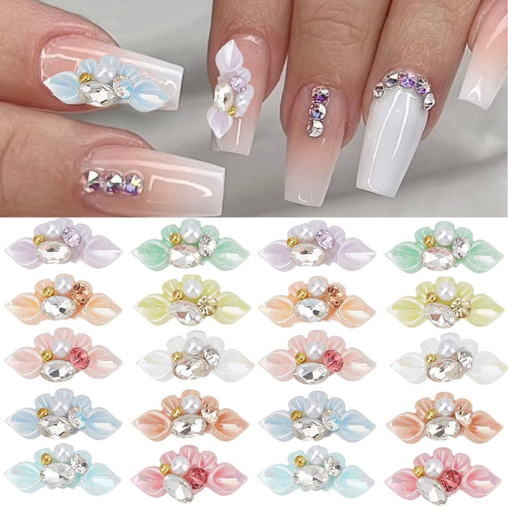 20 Pcs 3D Nail Charms Flower Nail Art Charms Pearl Petals Nail Gems and Rhinestones Handmade by Acrylic Nail Decorations Accessories for Women Girls Nail DIY Crafting Supplie