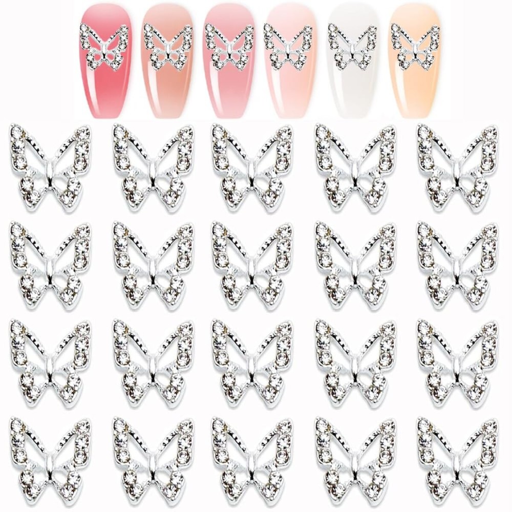 Kachimoo Silver Butterfly Nail Charms - 20pcs DIY Craft Nail Art Accessories