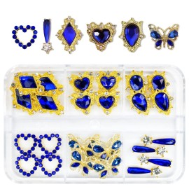 24pcs Blue Nail Rhinestones Luxury Nail Charms Sapphire Heart Charms for Nails 3D Big Royal Blue Nail Gems Crystals Diamonds Jewelry Stones Alloy Nail Art Studs Nail Art Decor for Arylic Nails Crafts