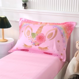 Wowelife Unicorn Toddler Bedding Set for Girls, Pink Rainbow Floral Toddler Comforter Set Stars Kids Bed in A Bag with Comforter, Flat Sheet, Fitted Sheet and Pillowcase, Pink