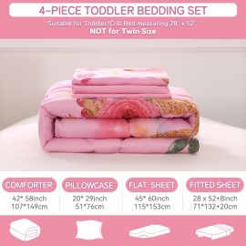 Wowelife Unicorn Toddler Bedding Set for Girls, Pink Rainbow Floral Toddler Comforter Set Stars Kids Bed in A Bag with Comforter, Flat Sheet, Fitted Sheet and Pillowcase, Pink