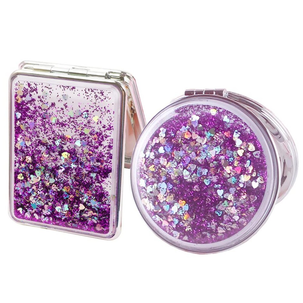 mollensiuer 2Pcs Folding Double-Sided Mirror Glitter Small Mirror Folding Handheld Pocket Mirror Portable Travel Pocket Makeup Mirror for Pockets, Bags and Travel, Purple