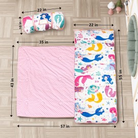Primlect Thickened Toddler Nap Mat with Removable Pillow and Minky Blanket, Extra Large 55\'\'x35\'\' Sleeping Bag, Washable, Roll up, Perfect for Daycare, Preschool, Kindergarten, Boys and Girls Mermaid