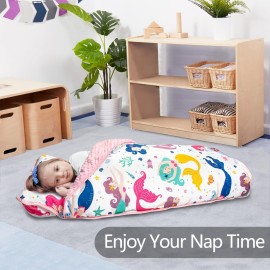 Primlect Thickened Toddler Nap Mat with Removable Pillow and Minky Blanket, Extra Large 55\'\'x35\'\' Sleeping Bag, Washable, Roll up, Perfect for Daycare, Preschool, Kindergarten, Boys and Girls Mermaid