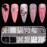 1 Box White Black 3D Nail Decoration Flower Flat Back Lace Pattern Elegant Butterfly Charms Glitter Roses with Clear Rhinestones Pearl Beads Size Mix Set