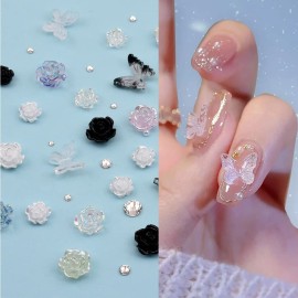 1 Box White Black 3D Nail Decoration Flower Flat Back Lace Pattern Elegant Butterfly Charms Glitter Roses with Clear Rhinestones Pearl Beads Size Mix Set 1 Box White Black 3D Nail Decoration Flower Flat Back Lace Pattern Elegant Butterfly Charms Glitter Roses with Clear Rhinestones Pearl Beads Size Mix Set