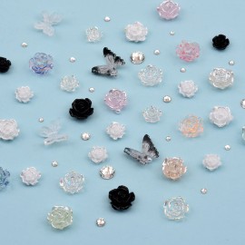 1 Box White Black 3D Nail Decoration Flower Flat Back Lace Pattern Elegant Butterfly Charms Glitter Roses with Clear Rhinestones Pearl Beads Size Mix Set 1 Box White Black 3D Nail Decoration Flower Flat Back Lace Pattern Elegant Butterfly Charms Glitter Roses with Clear Rhinestones Pearl Beads Size Mix Set