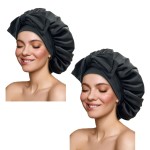 Satin Silk Hair Bonnet for Sleeping Large Bonnets with Tie Band Wrap with Adjustable Straps Cap Night Sleep Caps for Women Curly Braid Hair(Black,Black)