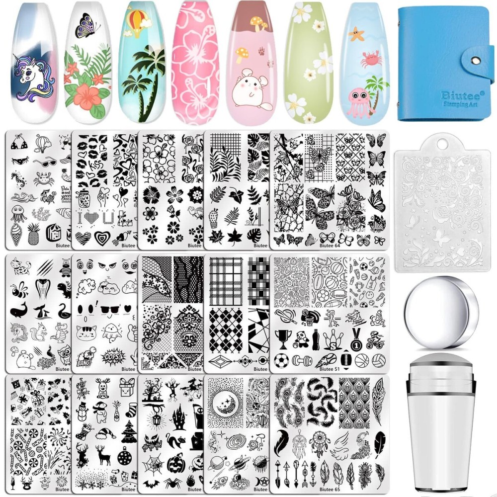 Biutee Nail Stamping Plates Set 15PCS Nail Art Stamper Scraper Nail Stamp Plates Kit with Storage Bag Gift Box Nail Stamp Template Kit Lace Flower Butterfly Star Holiday Design