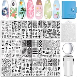 Biutee Nail Stamping Plates Set 15PCS Nail Art Stamper Scraper Nail Stamp Plates Kit with Storage Bag Gift Box Nail Stamp Template Kit Lace Flower Butterfly Star Holiday Design