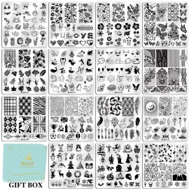 Biutee Nail Stamping Plates Set 15PCS Nail Art Stamper Scraper Nail Stamp Plates Kit with Storage Bag Gift Box Nail Stamp Template Kit Lace Flower Butterfly Star Holiday Design