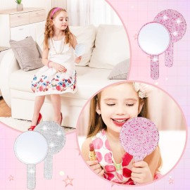 Bucherry 2 Pcs Rhinestone Hand Mirror Wedding Bling Hand Held Makeup Mirrors Adorable Dazzling Cosmetic Portable Decorative Personal for Women Bride Wedding Gift, Pink White