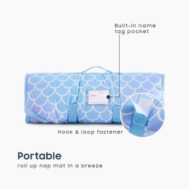 Wake In Cloud - Cot Nap Mat with Pillow and Blanket, for Toddler Kids Girls in Daycare Kindergarten Preschool Pre K with Elastic Corner Straps, Cute Mermaids Theme, Purple Blue