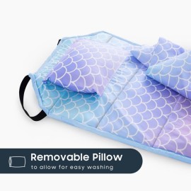 Wake In Cloud - Cot Nap Mat with Pillow and Blanket, for Toddler Kids Girls in Daycare Kindergarten Preschool Pre K with Elastic Corner Straps, Cute Mermaids Theme, Purple Blue