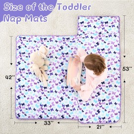 UOMNY Toddler Nap Mat Girls Kids Nap Mats with Removable Pillow and Blanket Butterfly Toddler Sleeping Bag for Preschool Daycare Purple 53x21 Inch
