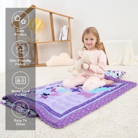 UOMNY Toddler Nap Mat Girls Kids Nap Mats with Removable Pillow and Blanket Butterfly Toddler Sleeping Bag for Preschool Daycare Purple 53x21 Inch