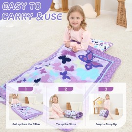 UOMNY Toddler Nap Mat Girls Kids Nap Mats with Removable Pillow and Blanket Butterfly Toddler Sleeping Bag for Preschool Daycare Purple 53x21 Inch