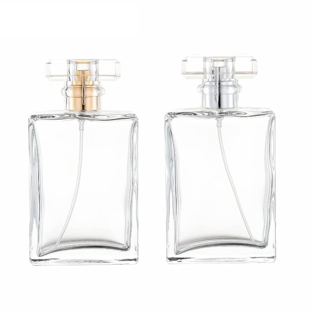 YORROR 2 Pack Clear Glass Perfume Atomizer, 100ml Empty Refillable Spray Bottle for Men and Women, Portable Fragrance Fine Mist Dispenser for Travel (Gold+Silver)