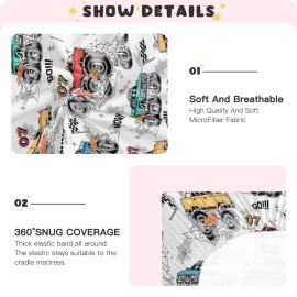 Monster Trucks White Baby Crib Sheets - Fitted Crib Sheet, Boys & Girls Cotton Crib Sheet for Standard Crib and Toddler Mattresses - M