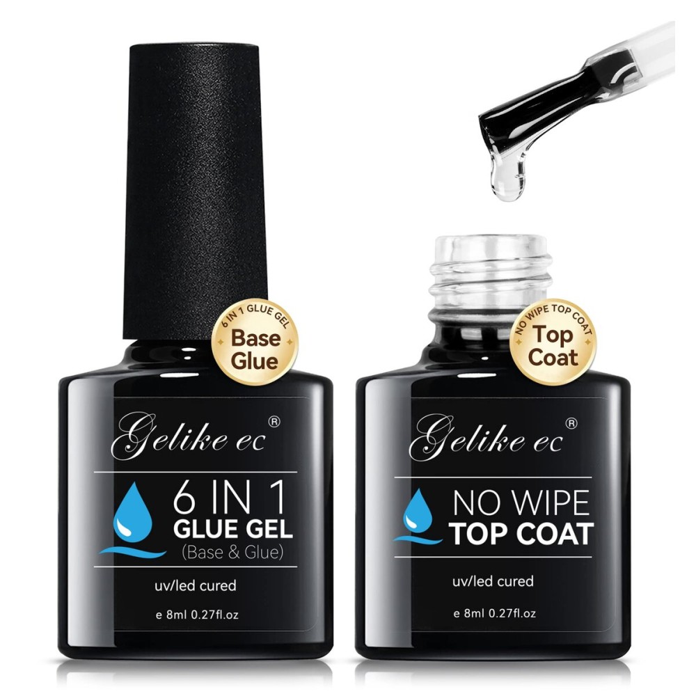 Gelike EC UV 6 in 1 Gel Nail Glue and Top Coat Kit No Wipe for Press-On Nails Gel-X Extensions Builder Gel Blooming No Pop-Off Low Odor Hema-Free Acrylic False Tips DIY at Home & Salon Art