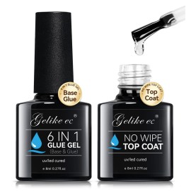 Gelike EC UV 6 in 1 Gel Nail Glue and Top Coat Kit No Wipe for Press-On Nails Gel-X Extensions Builder Gel Blooming No Pop-Off Low Odor Hema-Free Acrylic False Tips DIY at Home & Salon Art