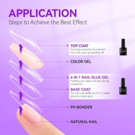 Gelike EC UV 6 in 1 Gel Nail Glue and Top Coat Kit No Wipe for Press-On Nails Gel-X Extensions Builder Gel Blooming No Pop-Off Low Odor Hema-Free Acrylic False Tips DIY at Home & Salon Art