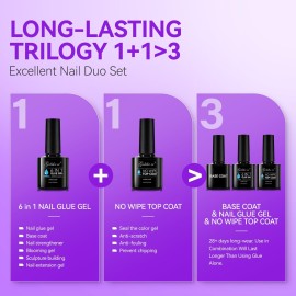 Gelike EC UV 6 in 1 Gel Nail Glue and Top Coat Kit No Wipe for Press-On Nails Gel-X Extensions Builder Gel Blooming No Pop-Off Low Odor Hema-Free Acrylic False Tips DIY at Home & Salon Art