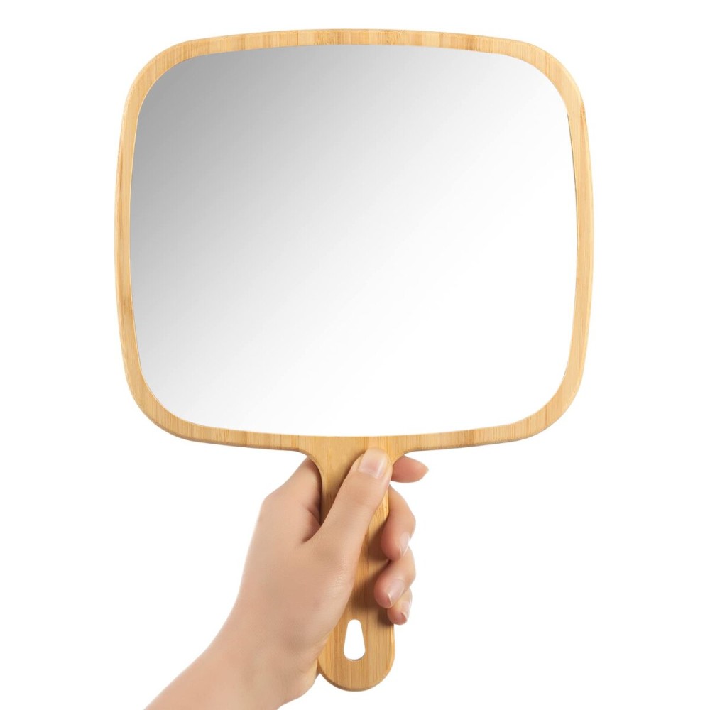 YEAKE Hand Mirror,Extra Large Natural Bamboo Handheld Mirror with Handle, Single-Sided Portable Travel Vanity Mirror for Men & Women,8.9 W x 12.4 L