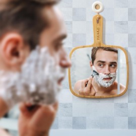 YEAKE Hand Mirror,Extra Large Natural Bamboo Handheld Mirror with Handle, Single-Sided Portable Travel Vanity Mirror for Men & Women,8.9 W x 12.4 L